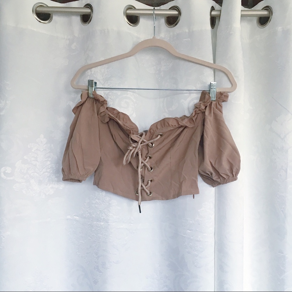 🆕Hayden Nude Lace Up Off the Shoulder Crop Top - Picture 7 of 7